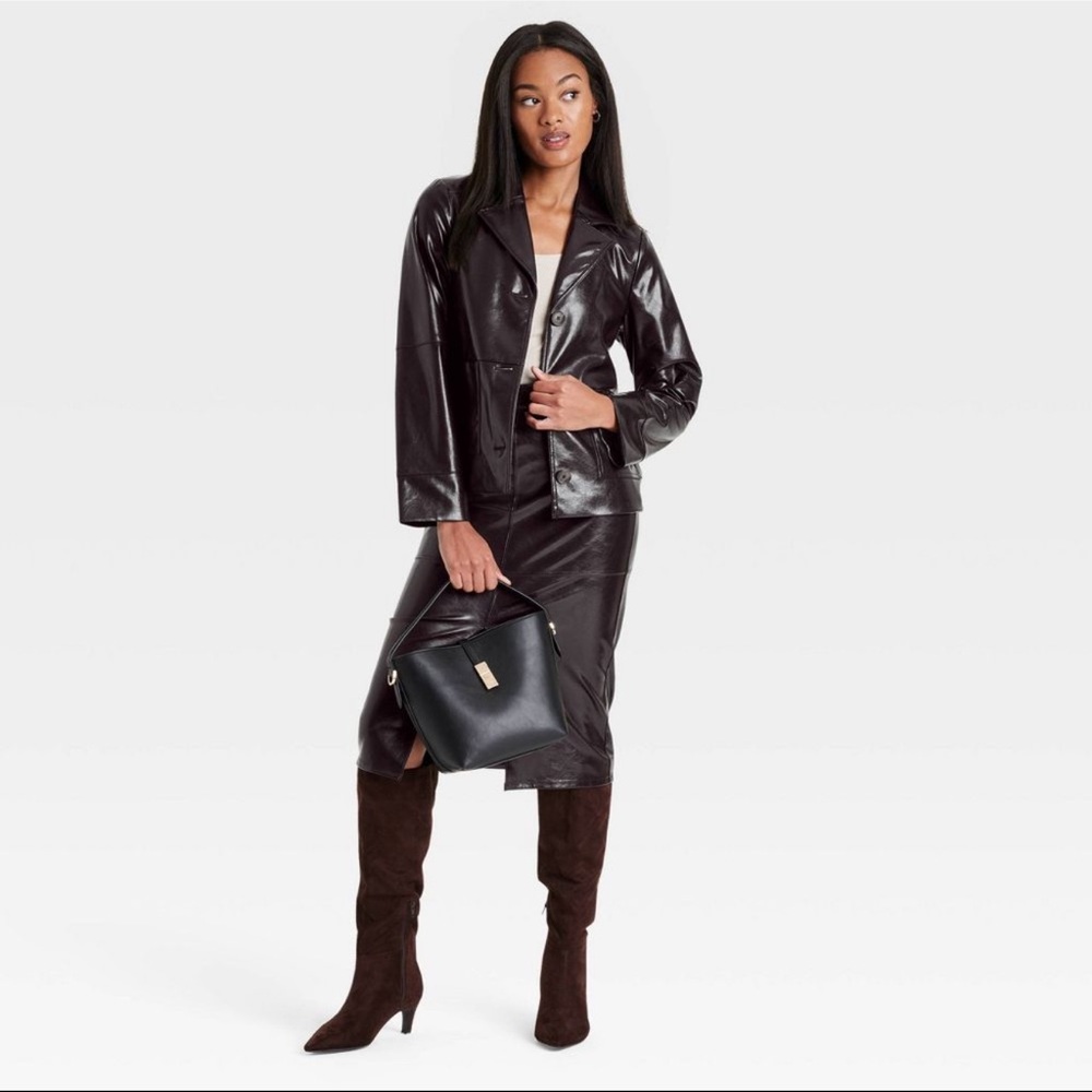 A New Day Women'’s Faux Leather Jacket Front Button Full Lining Brown M